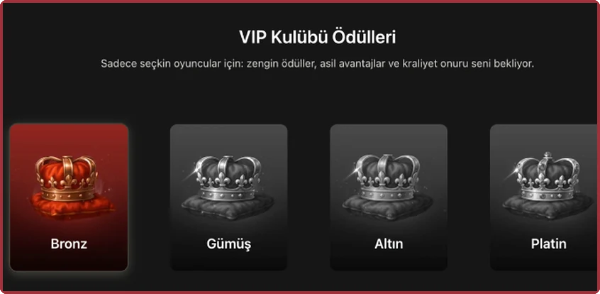 VIP taç kartları Önizleme: Bronz, Gümüş, Altın ve Platin adlı dört taç kartıyla VIP Kulübü ödül sayfası