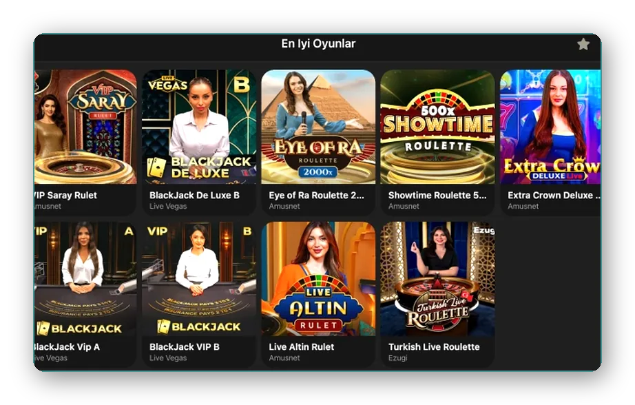 Canlı oyun tablosu Önizleme: VIP Saray Rulet, Showtime Roulette ve Eye of Ra kutularını içeren canlı oyun tablosu