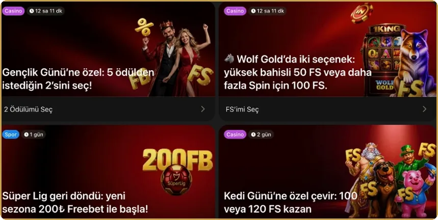 Dört kart: spin ve iade Önizleme: karanlık zeminde free spin ve cashback tekliflerini sıralayan dört promosyon kartı