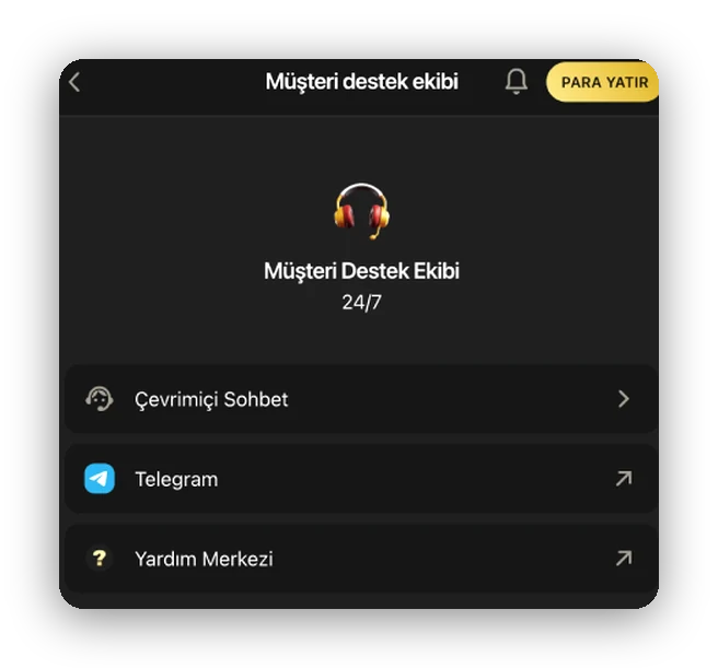 Sohbet, Telegram, Yardım Merkezi Önizleme: canlı sohbet, Telegram ve Yardım Merkezi girişlerini sıralayan destek menüsü