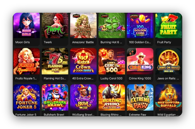 Ay kızları ve meyve partisi kutuları Önizleme: Moon Girls ve Fruit Party gibi renkli kutulardan oluşan slot oyunu ızgarası