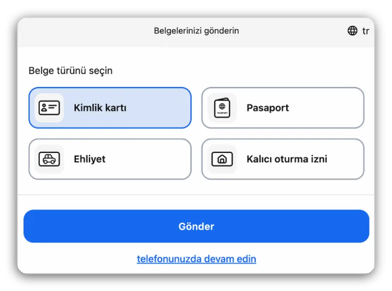 Kimlik, pasaport, ehliyet seçimi Önizleme: kimlik kartı, pasaport, ehliyet ve oturma izni seçeneklerini sunan belge türü seçimi