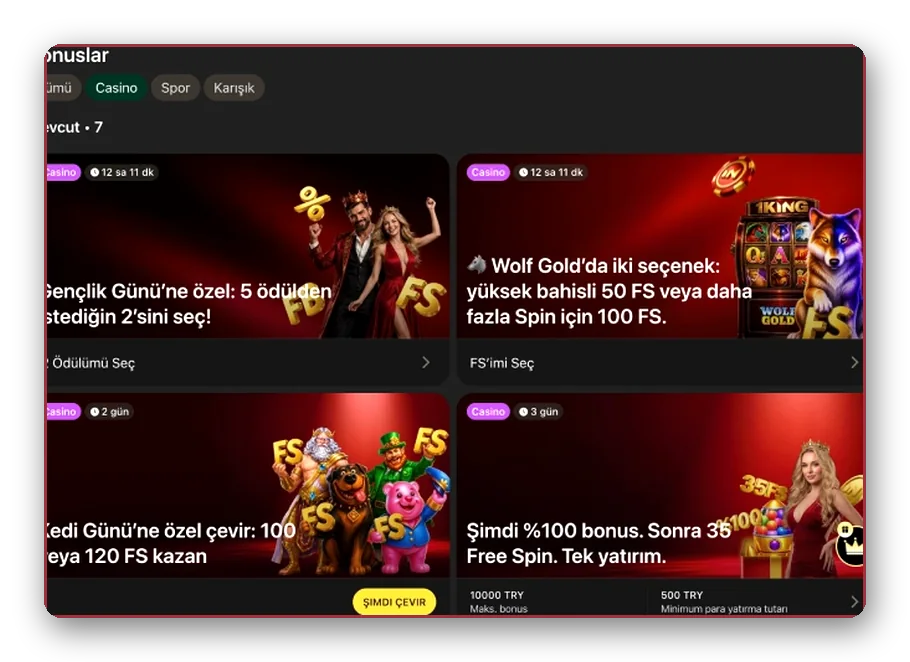 Casino bonus sekmeleri Önizleme: tümü, casino ve spor süzgeçleri üstte, altında dört casino teklif kartı yer alan bonus sayfası