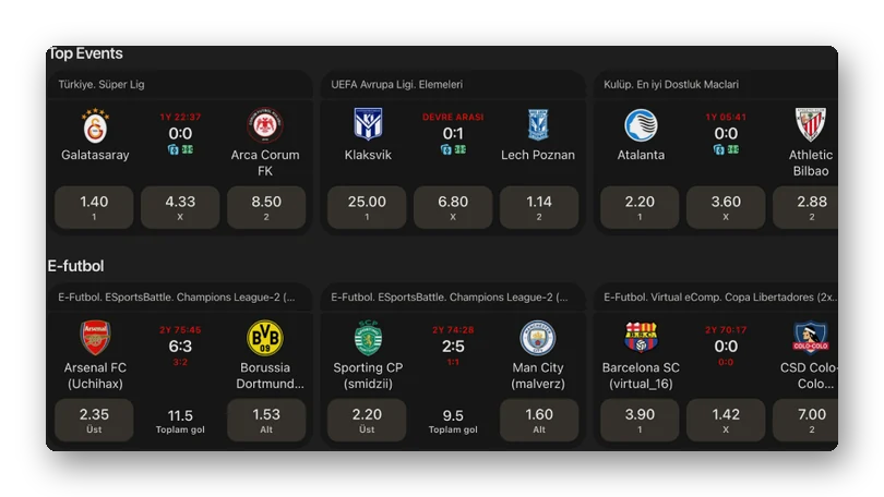 Top Events with 1 X 2 Preview of the Top Events section listing football fixtures with 1 X 2 odds