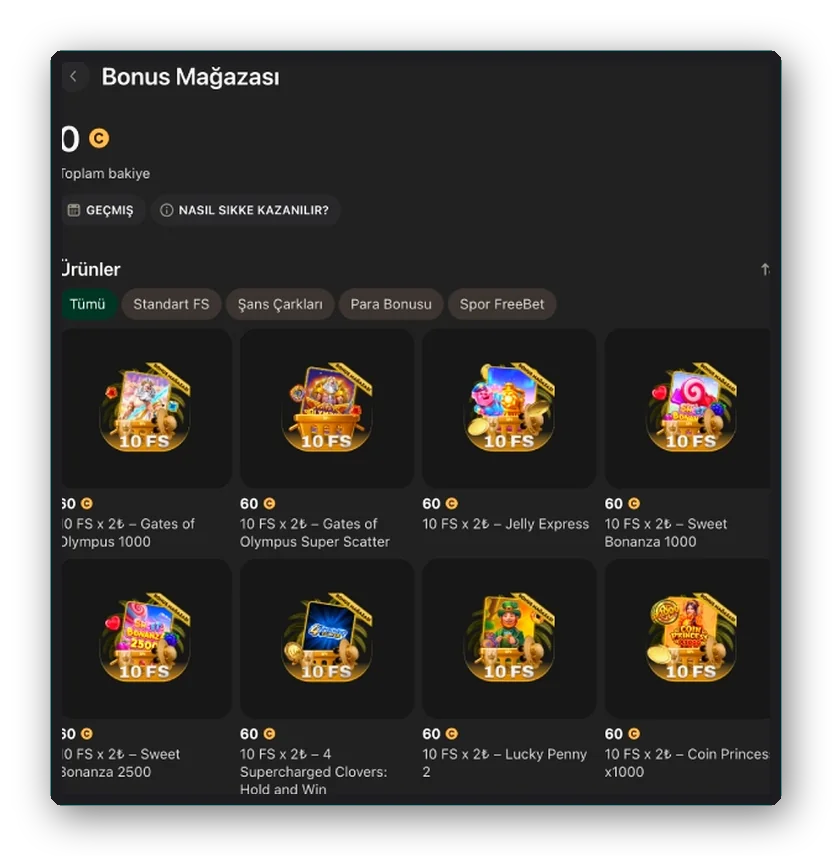 Jeton ile bonus mağazası Önizleme: jeton bakiyesi ve slot kutularındaki free spin tekliflerini gösteren Bonus Mağazası